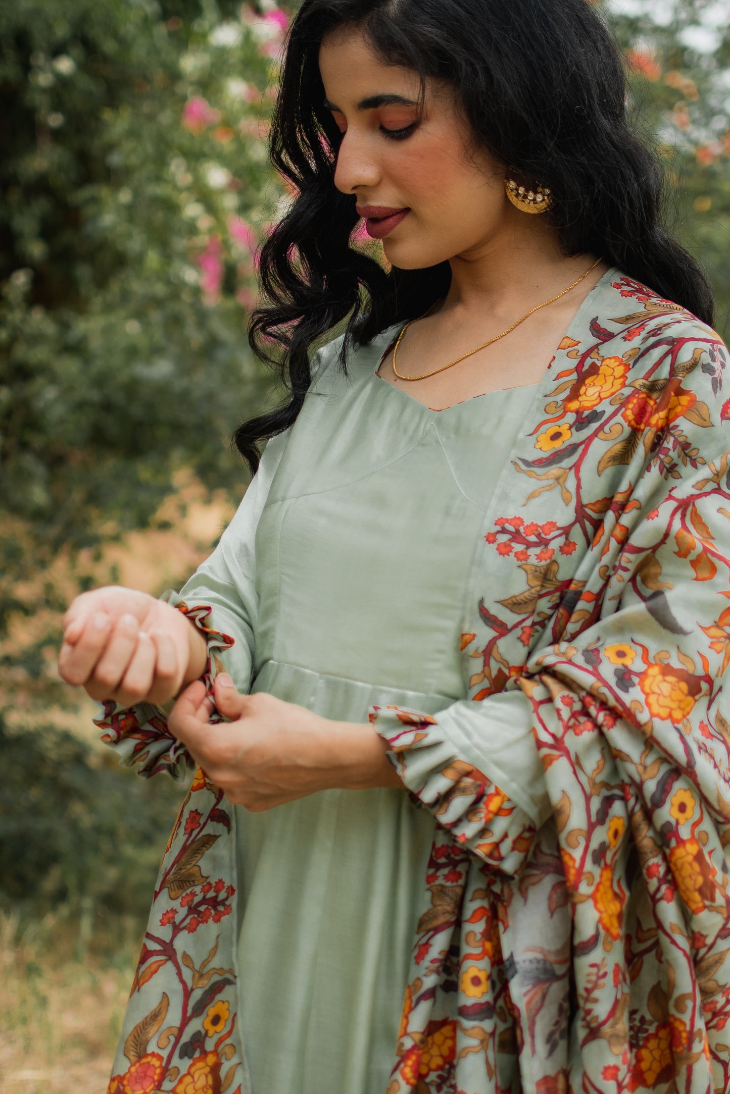 Pista Green Crepe Satin Anarkali Set