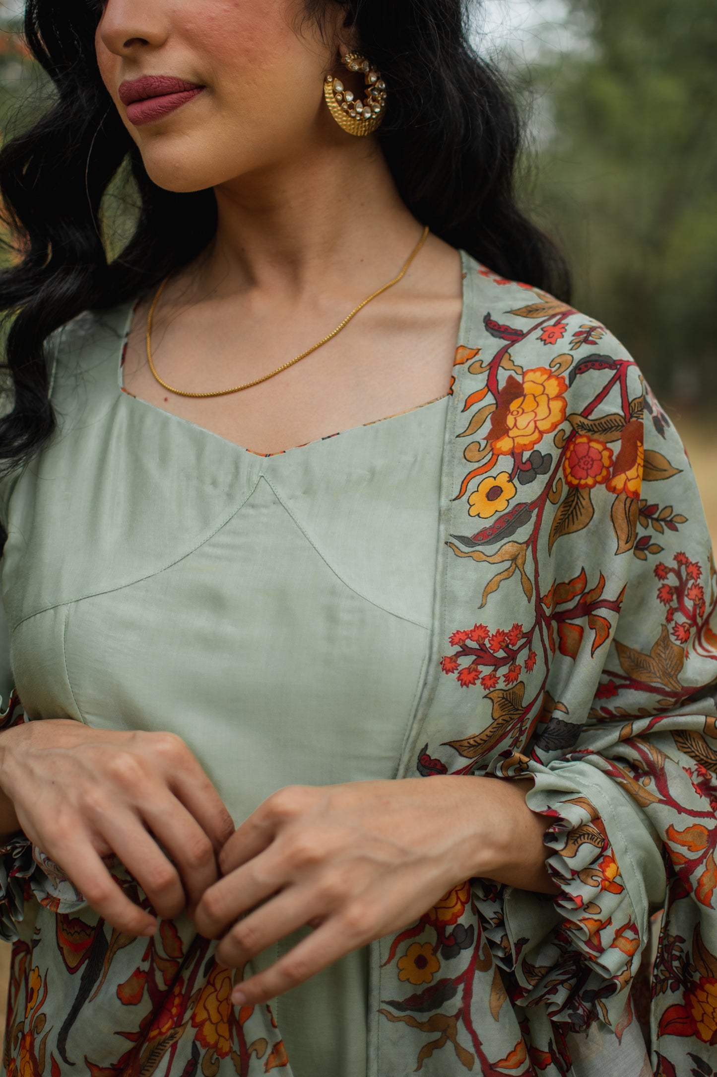 Pista Green Crepe Satin Anarkali Set