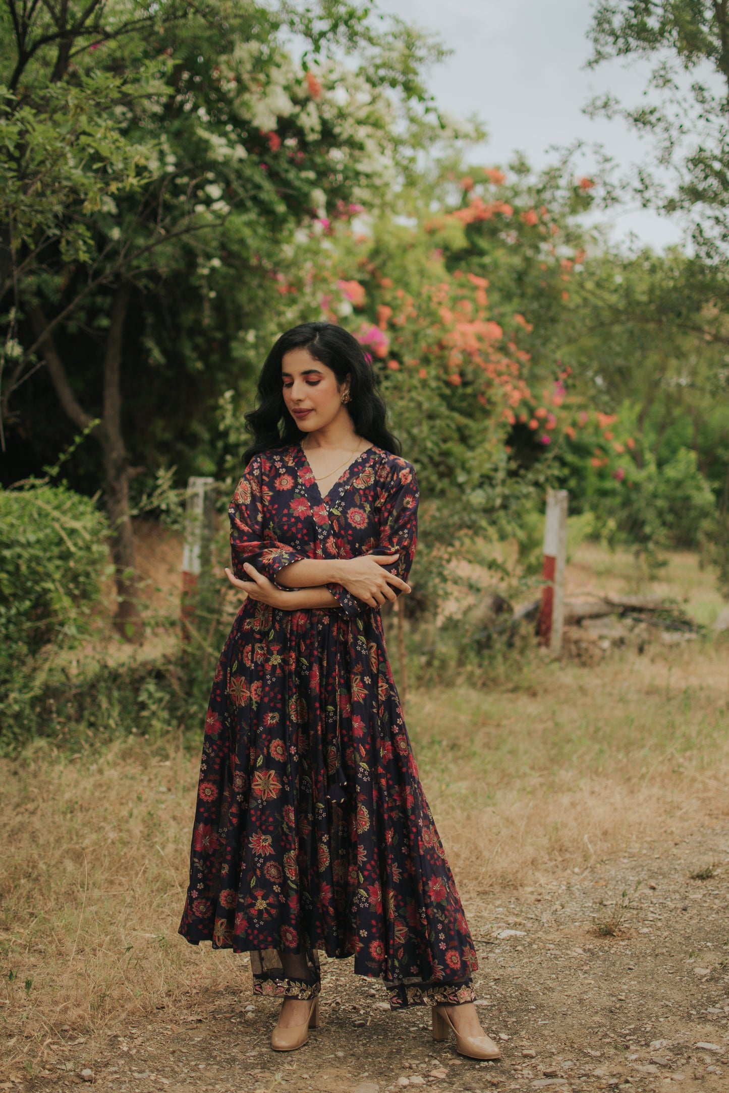 Deep Blue Chanderi Silk Digitally Printed Anarkali Set