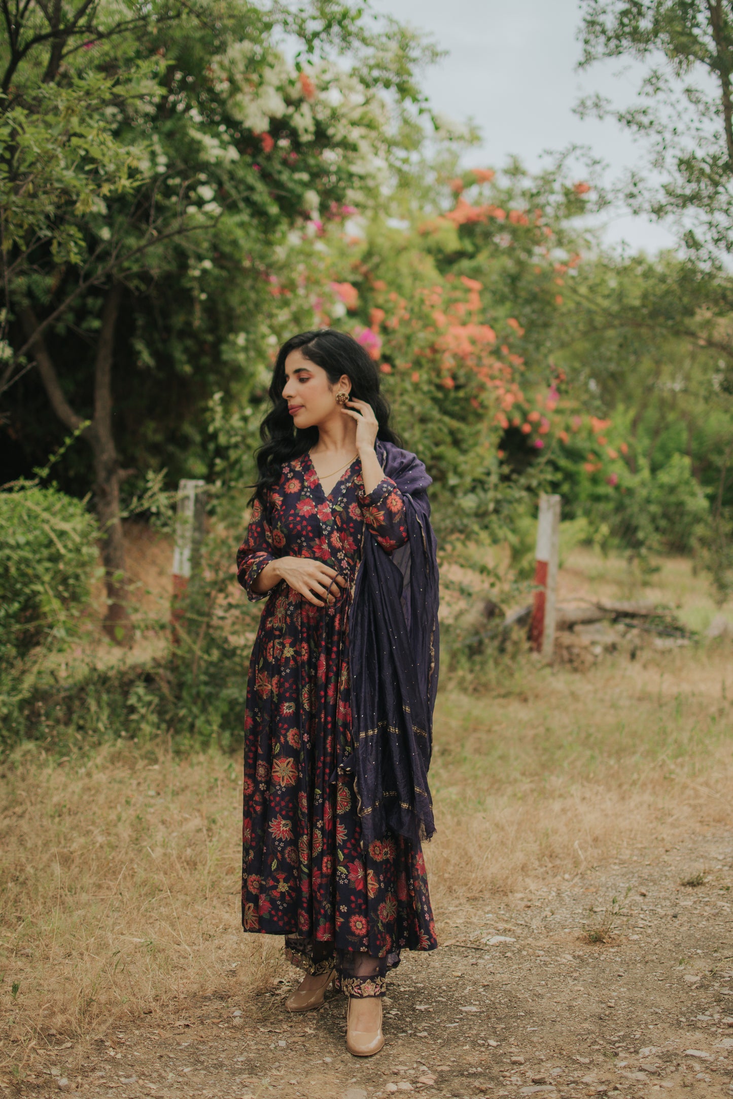 Deep Blue Chanderi Silk Digitally Printed Anarkali Set