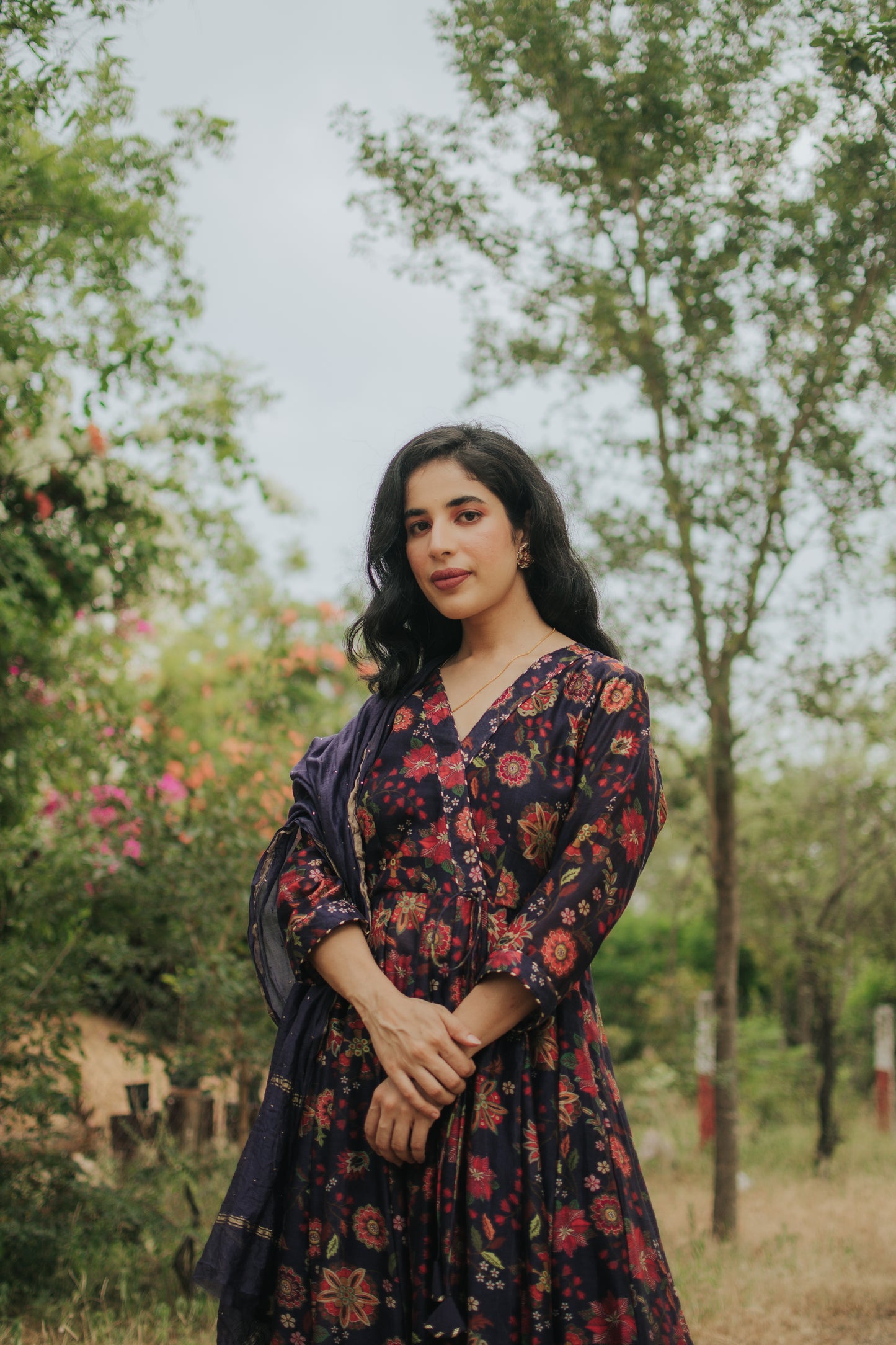 Deep Blue Chanderi Silk Digitally Printed Anarkali Set