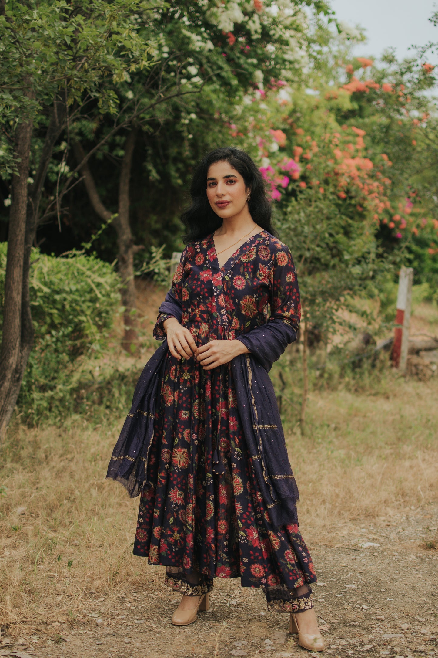 Deep Blue Chanderi Silk Digitally Printed Anarkali Set