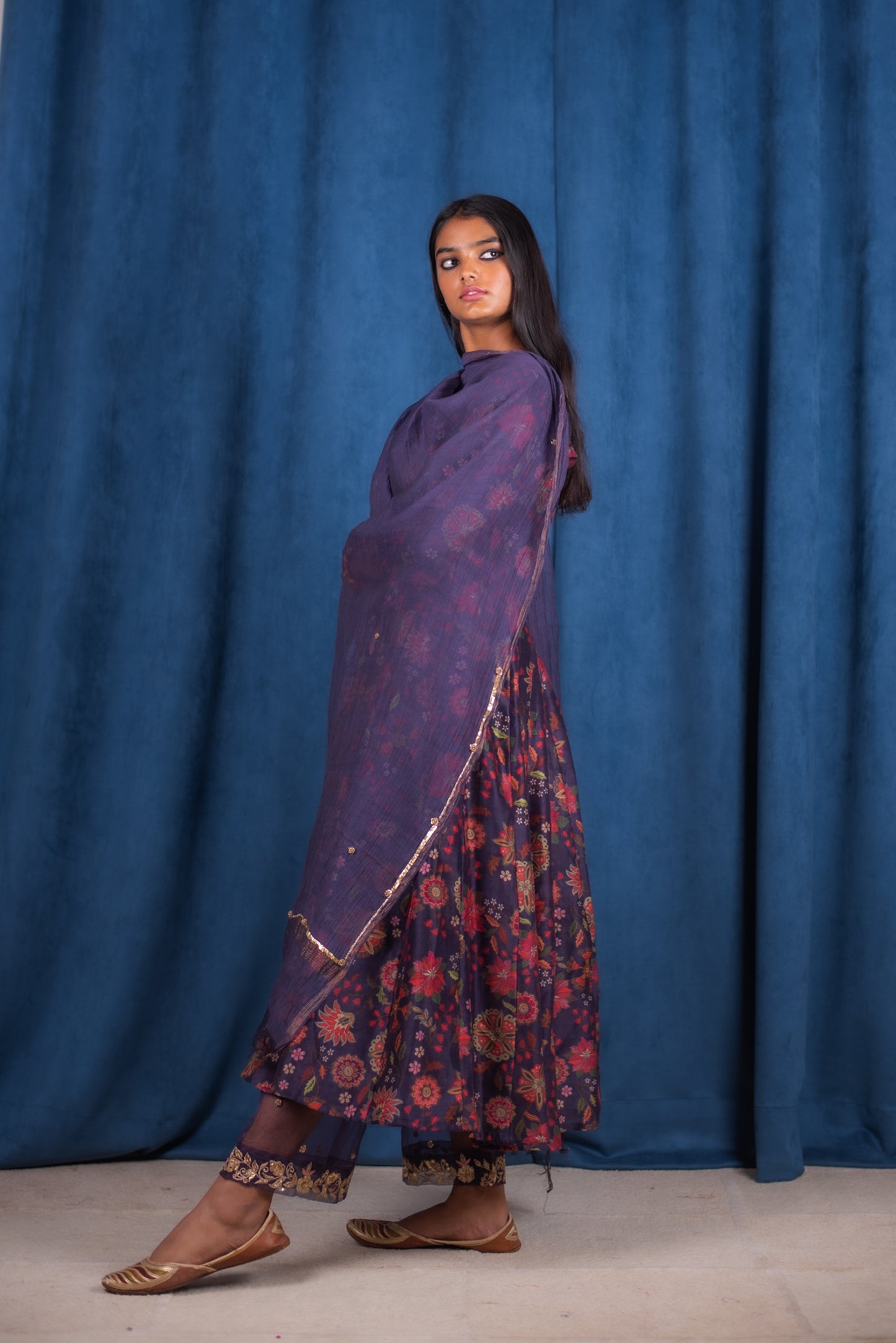 Deep Blue Handembroidered Digitally Printed Anarkali Set