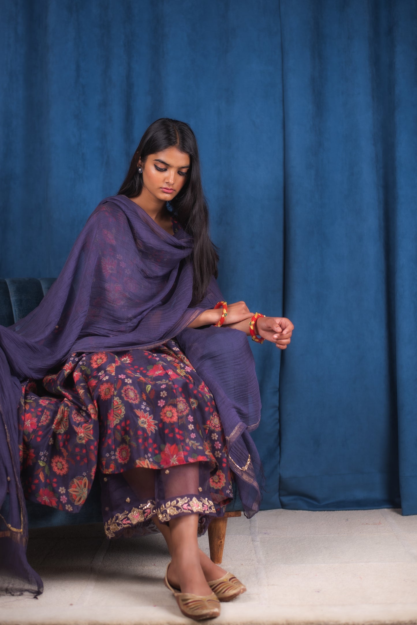 Deep Blue Handembroidered Digitally Printed Anarkali Set