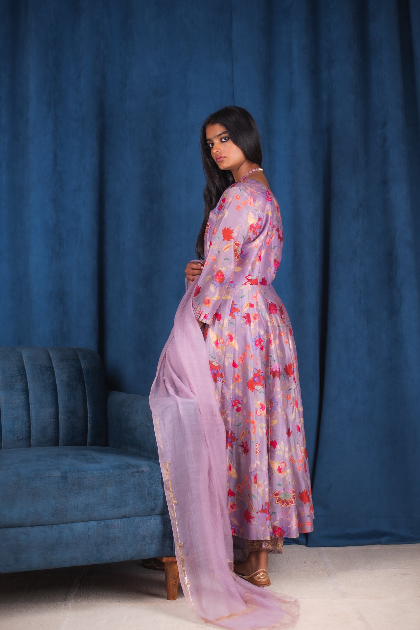 Lilac Digitally Printed Floral Handembroidered Anarkali Set