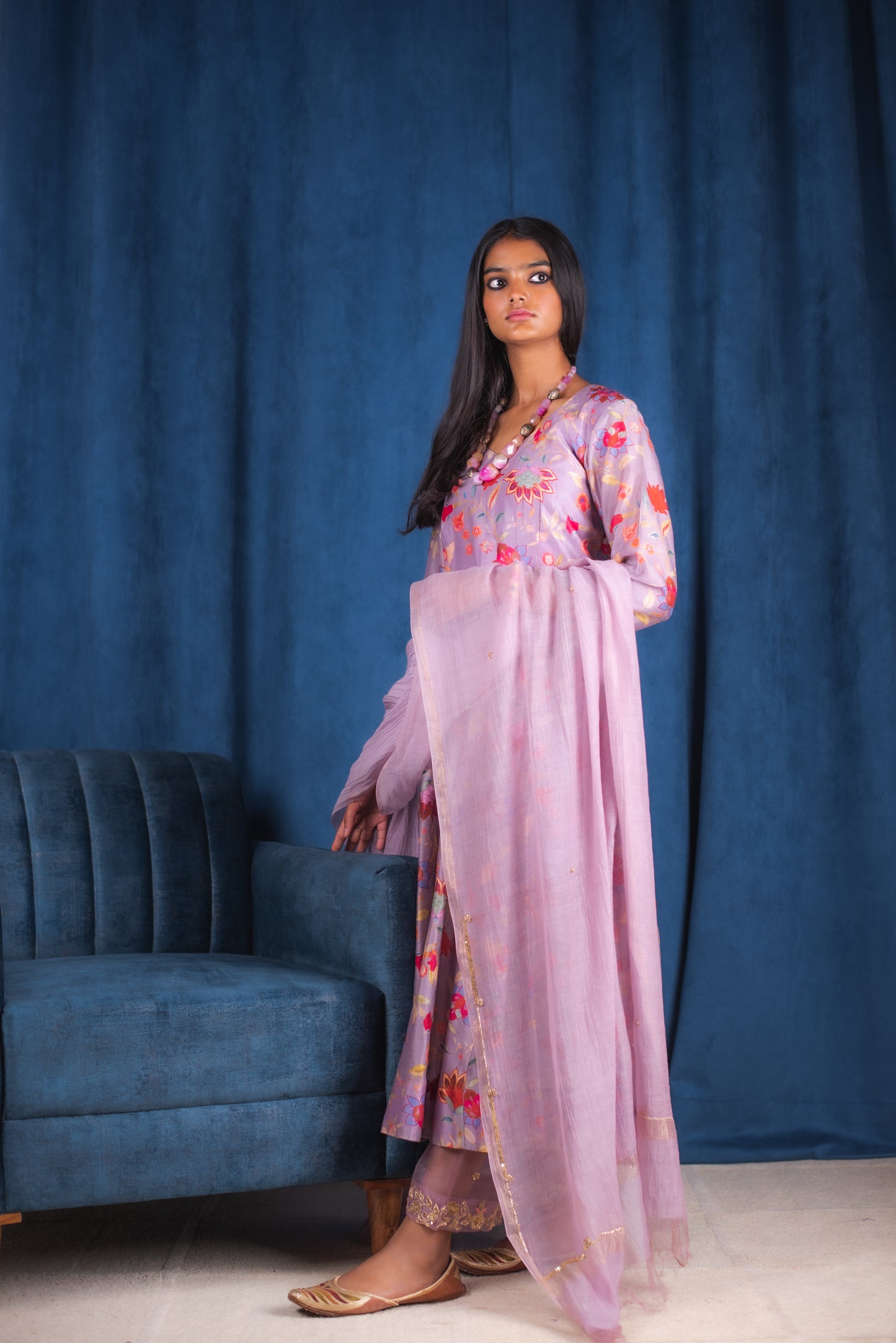 Lilac Digitally Printed Floral Handembroidered Anarkali Set