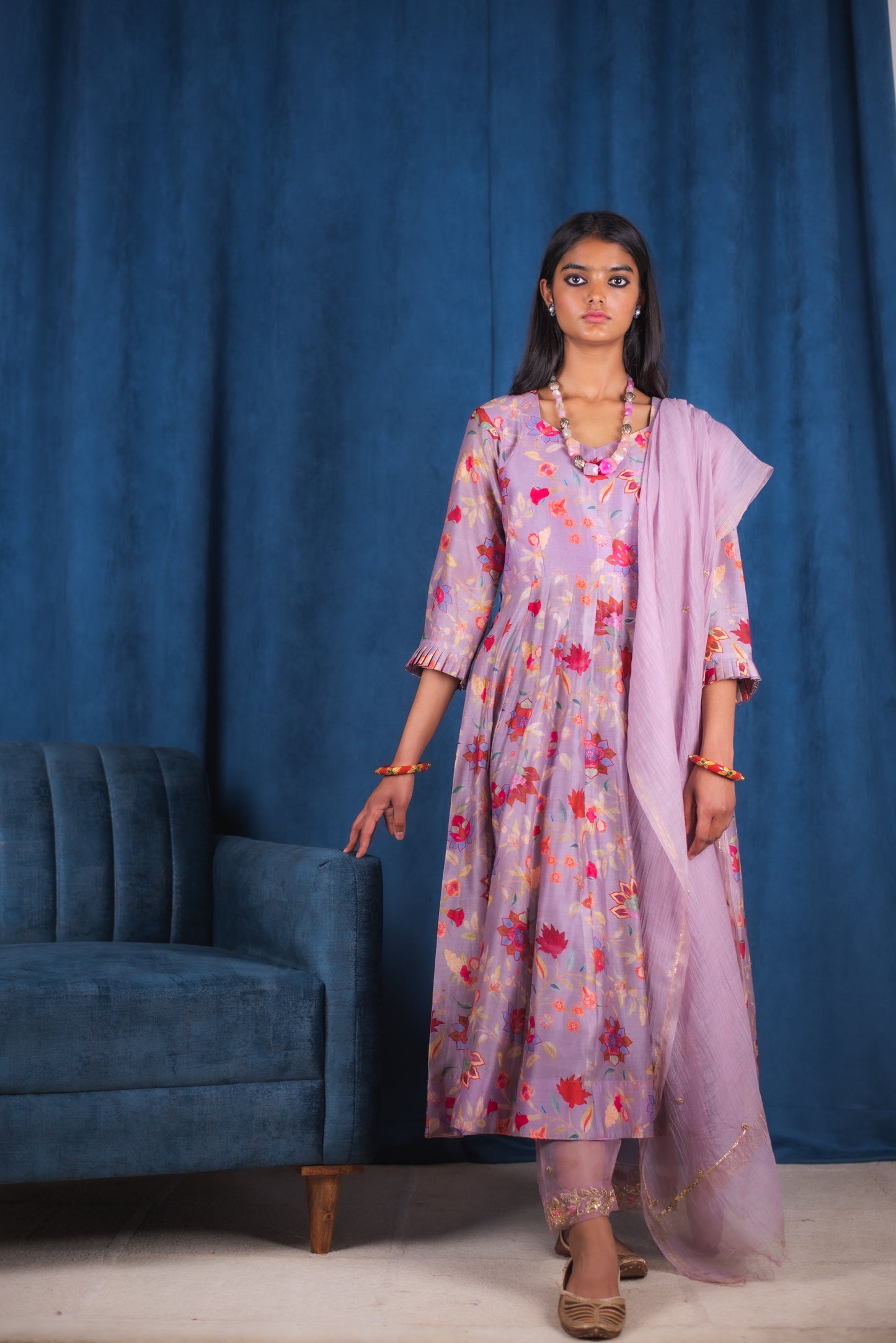 Lilac Digitally Printed Floral Handembroidered Anarkali Set