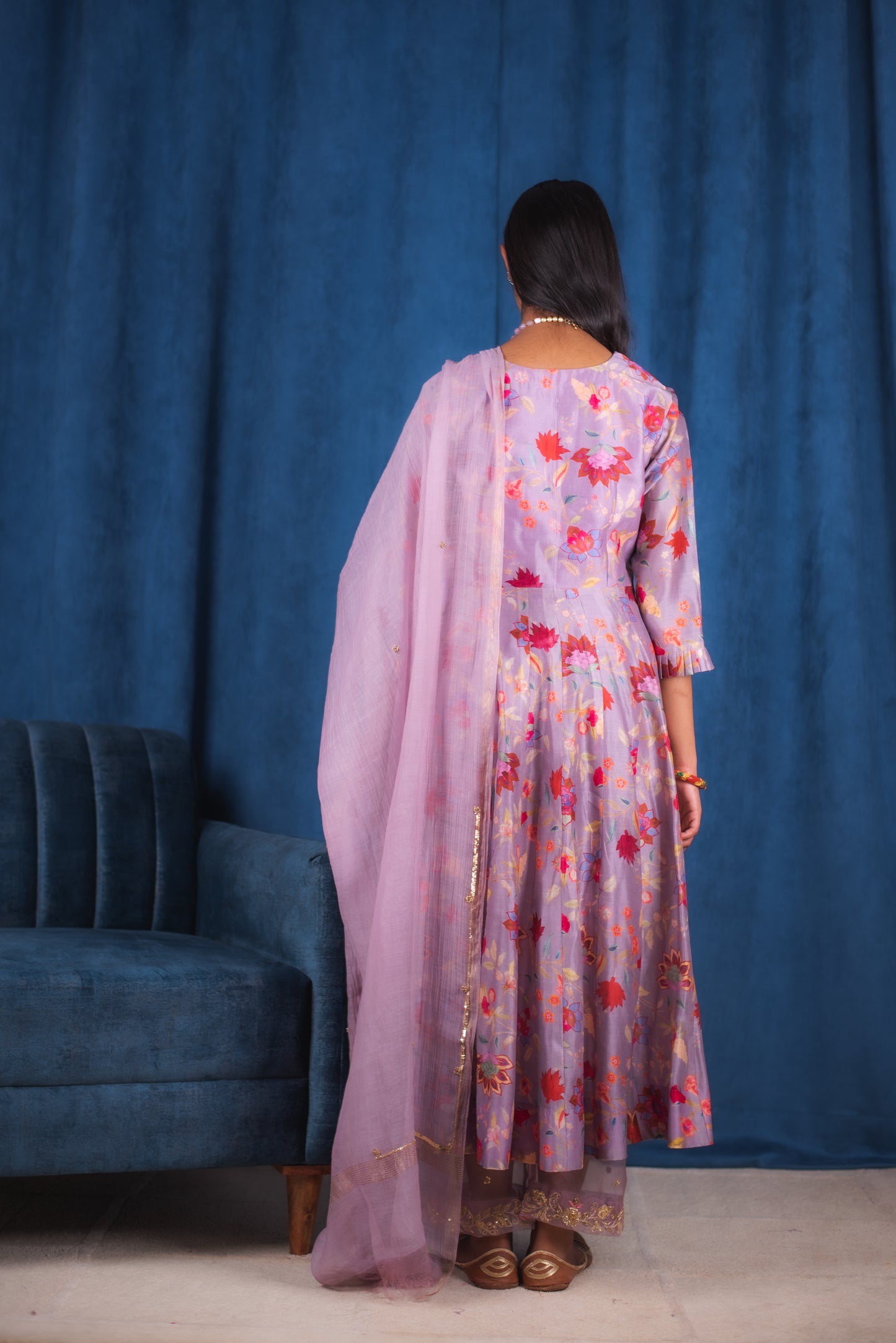 Lilac Digitally Printed Floral Handembroidered Anarkali Set