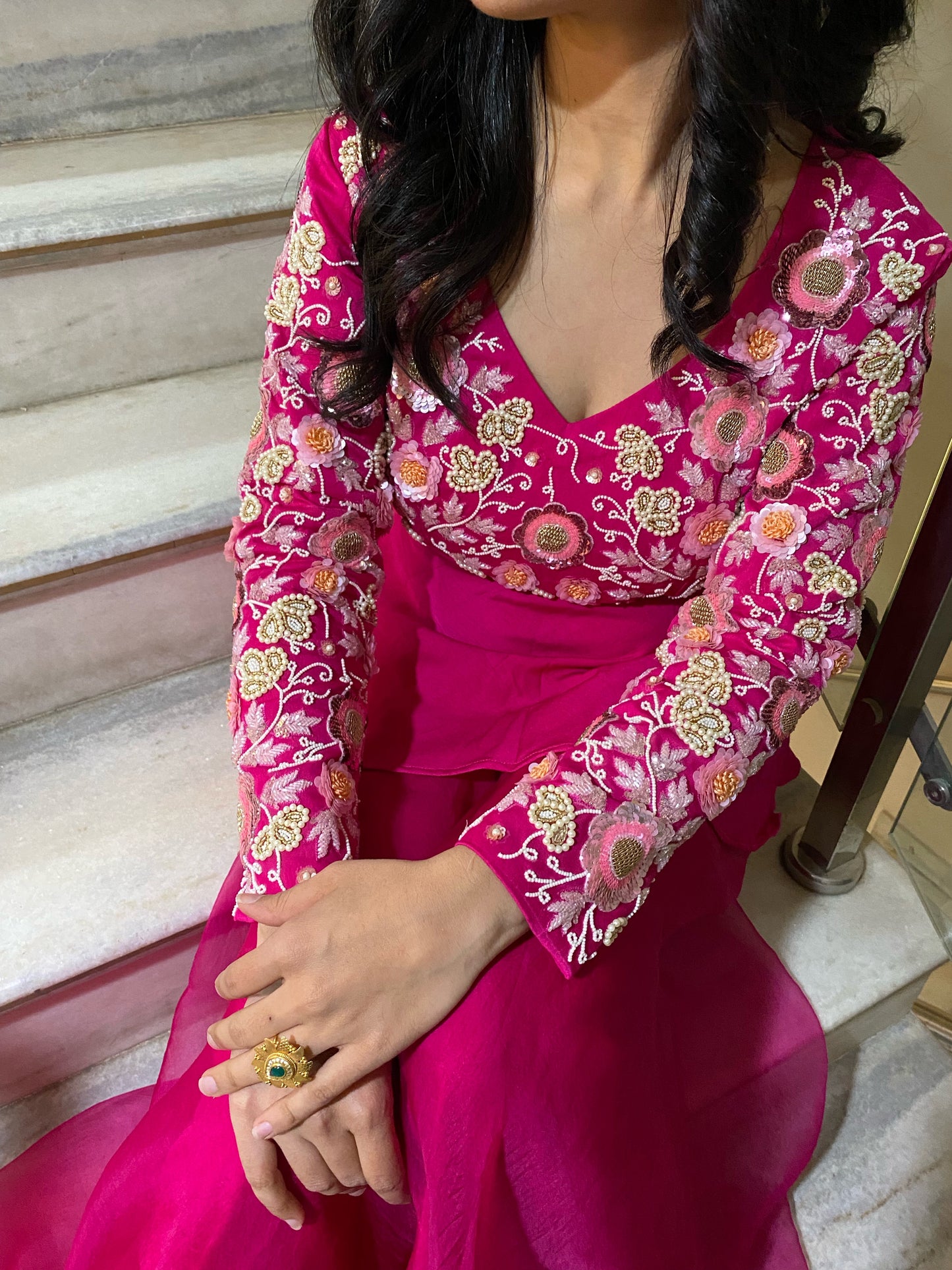 Magenta Embellished Peplum Top & Palazzo