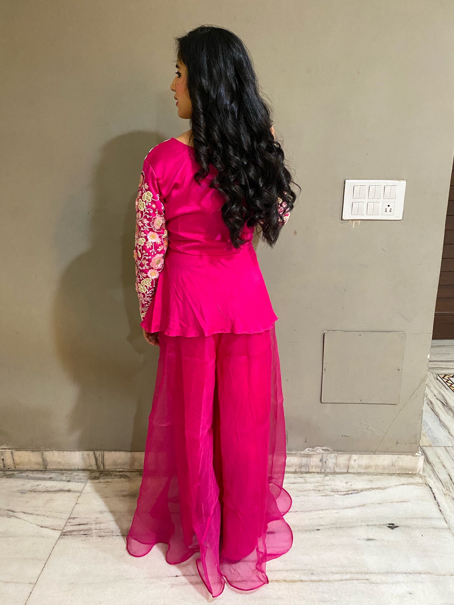 Magenta Embellished Peplum Top & Palazzo
