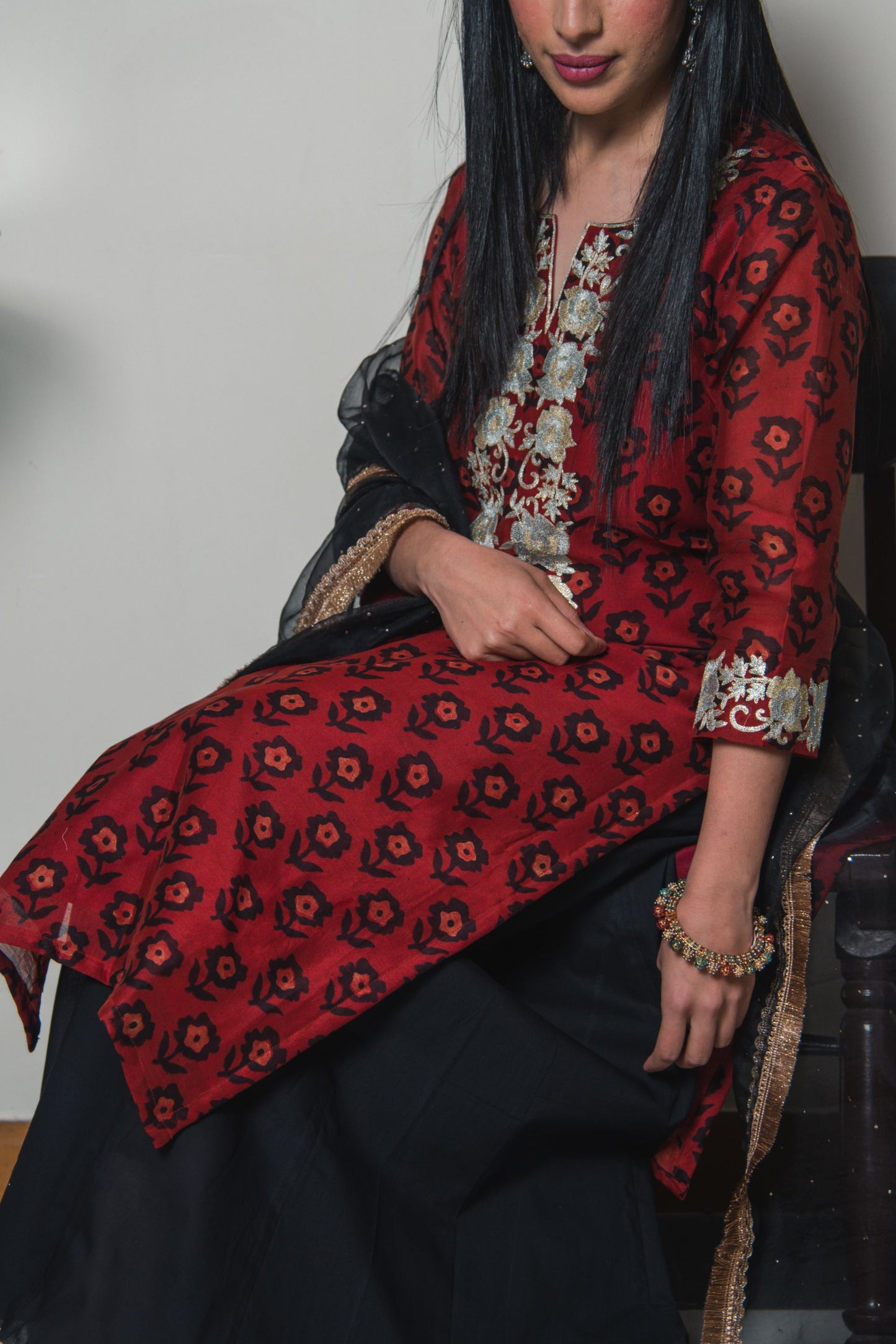 Carmine Block Print Kurta Sharara