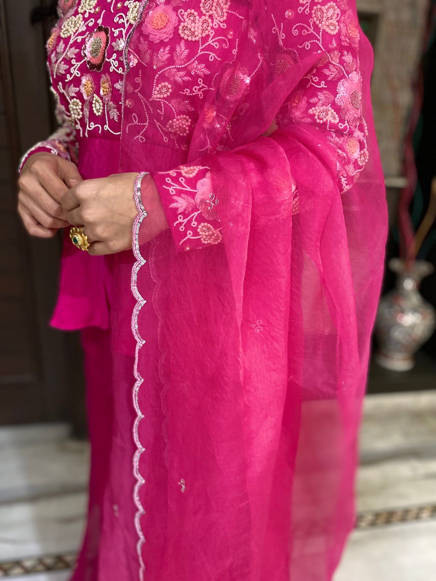 Magenta Embellished Peplum Top & Palazzo