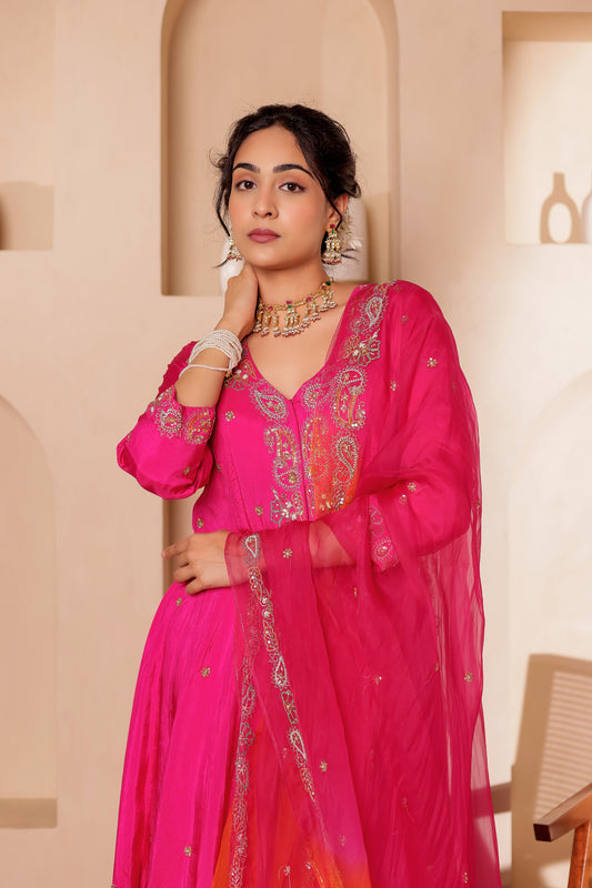 FUCHSIA SILK HANDEMBROIDERED ANARKALI SET