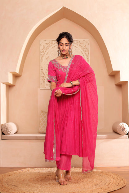 FUCHSIA HANDEMBROIDERED ANARKALI SET