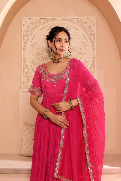 FUCHSIA HANDEMBROIDERED ANARKALI SET