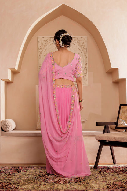 PINK GEORGETTE HANDEMBROIDERED LEHENGA SET