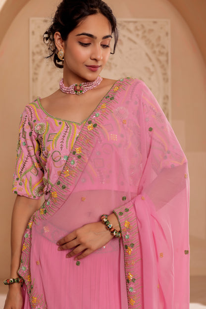 PINK GEORGETTE HANDEMBROIDERED LEHENGA SET