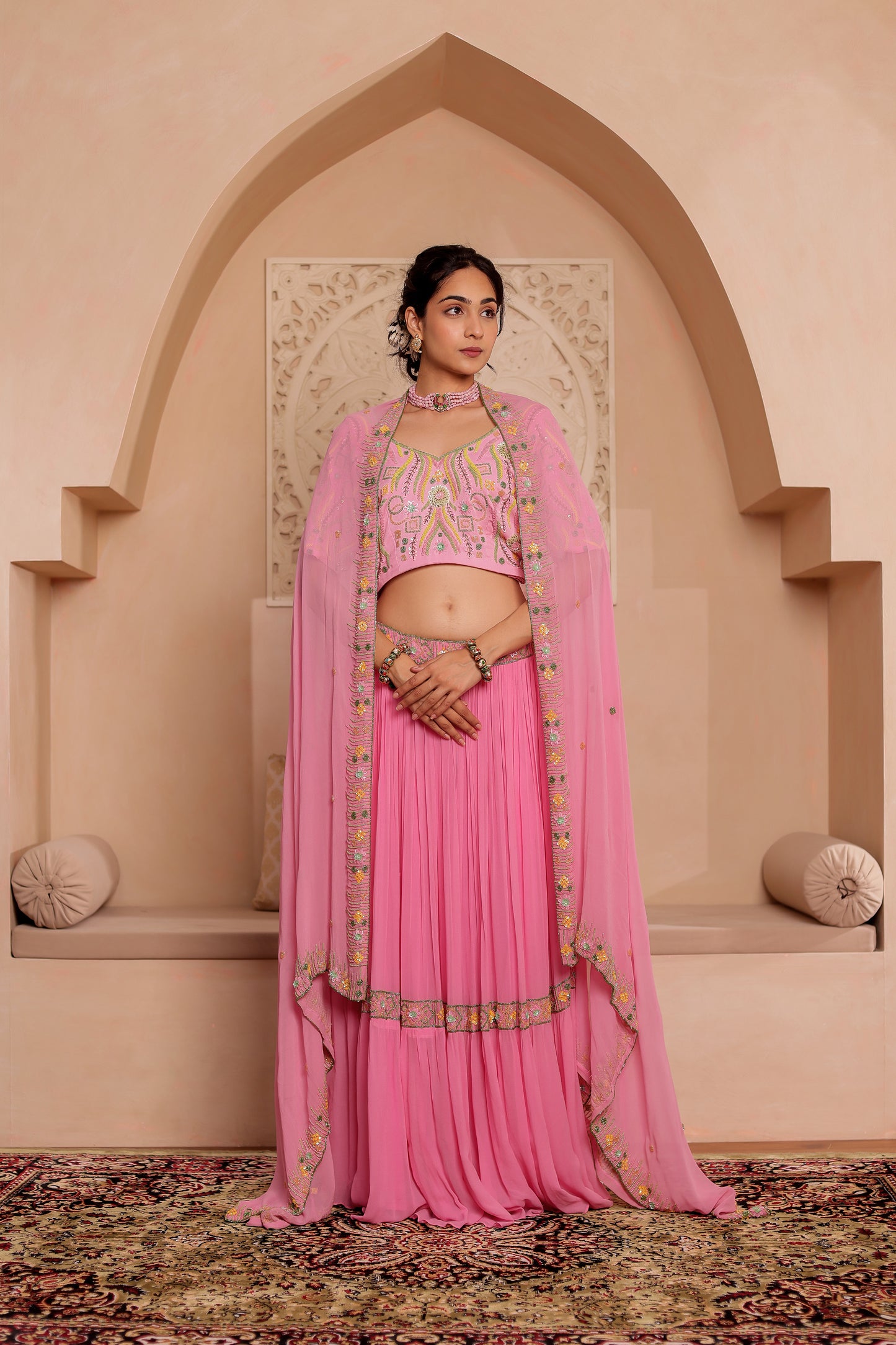 PINK GEORGETTE HANDEMBROIDERED LEHENGA SET