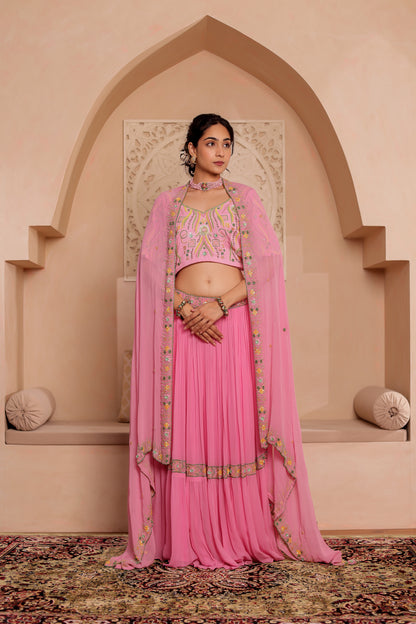 PINK GEORGETTE HANDEMBROIDERED LEHENGA SET