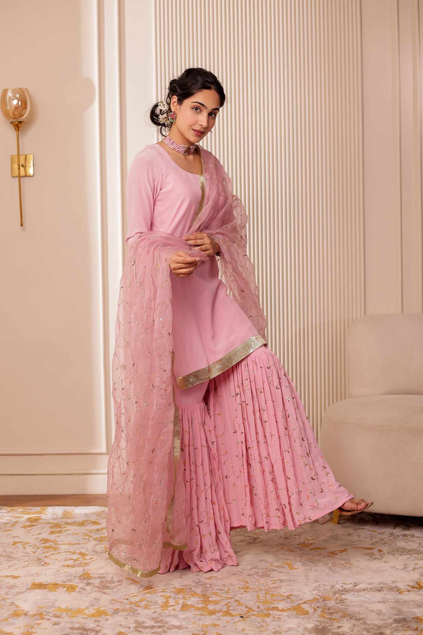 PINK CREPE HANDEMBROIDERED GHARARA SET