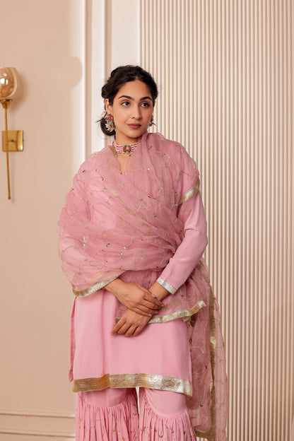PINK CREPE HANDEMBROIDERED GHARARA SET