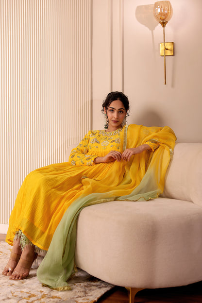 BRIGHT YELLOW HANDEMBROIDERED ANARKALI SET