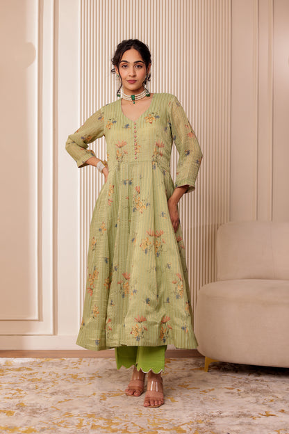 GREEN ZARI STRIPES CHANDERI SILK ANARKALI SET