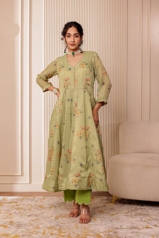 GREEN ZARI STRIPES CHANDERI SILK ANARKALI SET