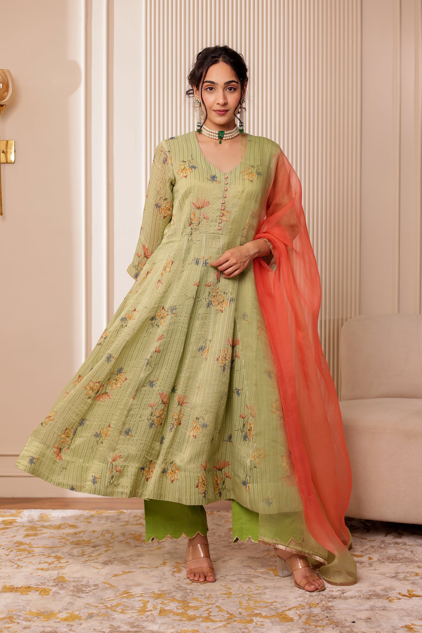 GREEN ZARI STRIPES CHANDERI SILK ANARKALI SET