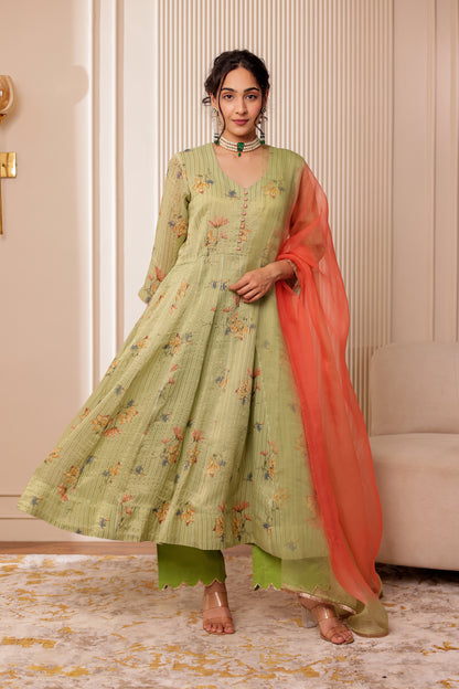 GREEN ZARI STRIPES CHANDERI SILK ANARKALI SET