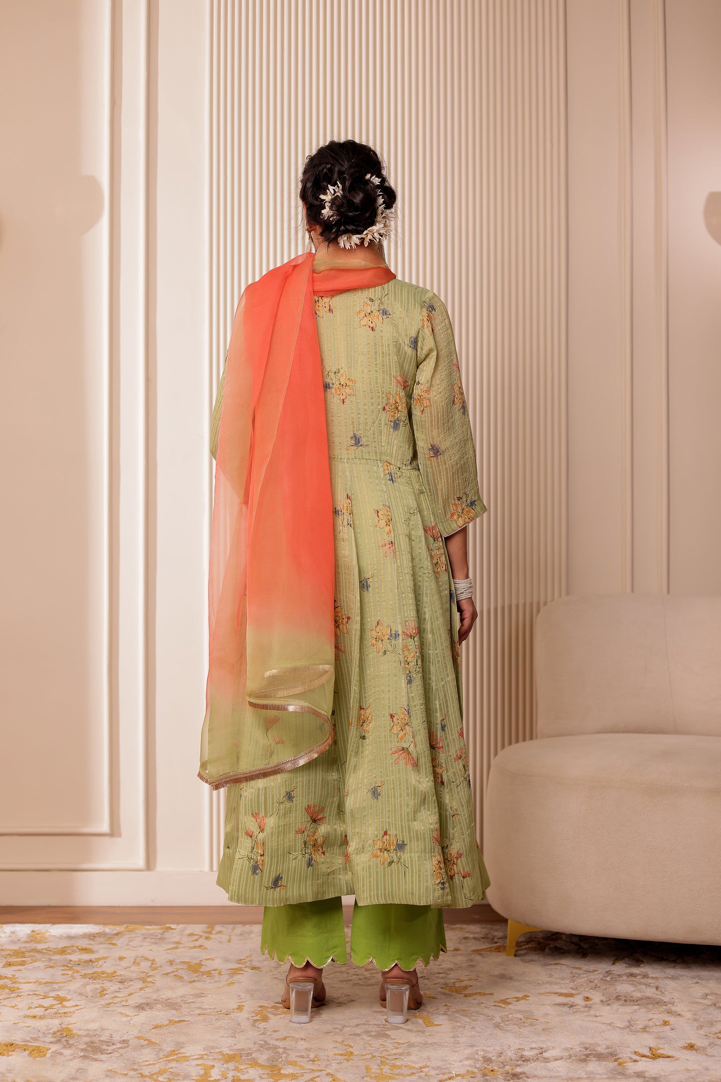 GREEN ZARI STRIPES CHANDERI SILK ANARKALI SET