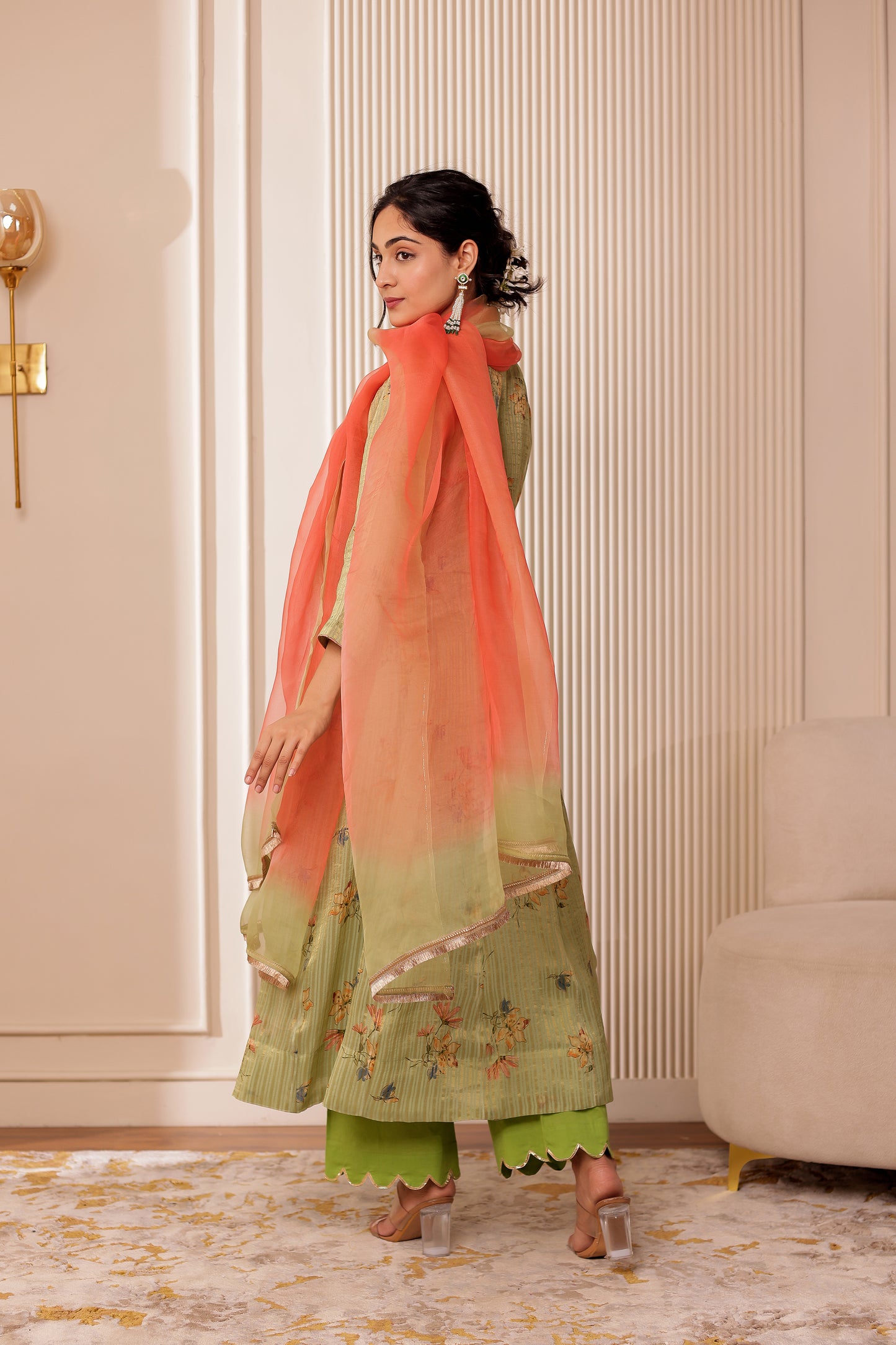 GREEN ZARI STRIPES CHANDERI SILK ANARKALI SET