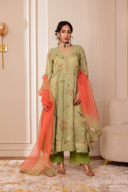 GREEN ZARI STRIPES CHANDERI SILK ANARKALI SET