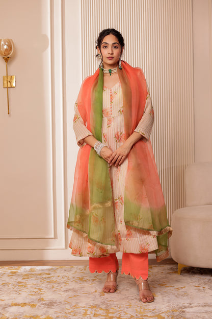 BIEGE CHANDERI SILK ZARI STRIPES ANARKALI SET