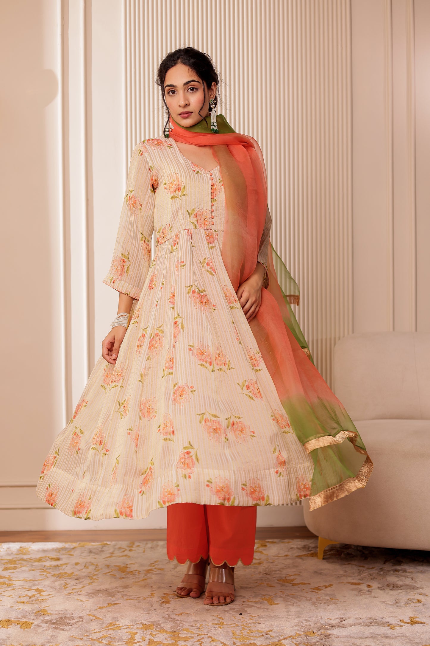 BIEGE CHANDERI SILK ZARI STRIPES ANARKALI SET