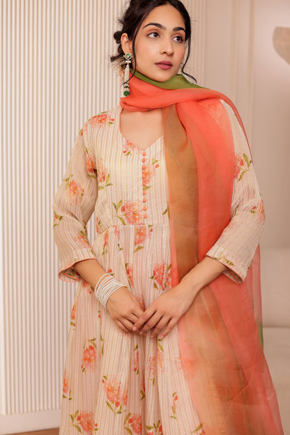 BIEGE CHANDERI SILK ZARI STRIPES ANARKALI SET