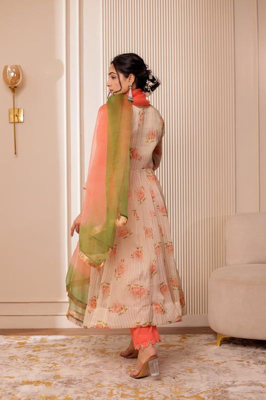 BIEGE CHANDERI SILK ZARI STRIPES ANARKALI SET