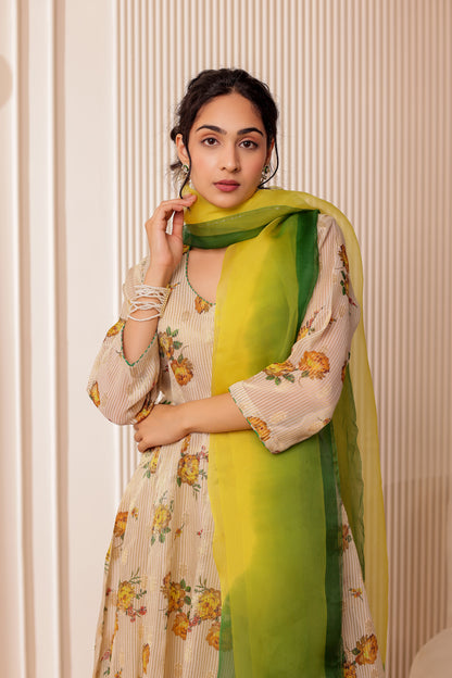 BEIGE PRINTED CHANDERI SILK ANARKALI SET