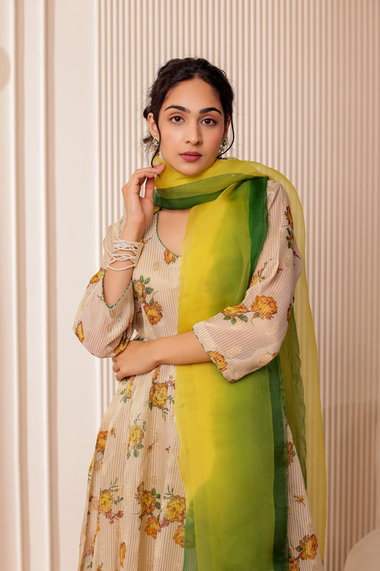 BEIGE PRINTED CHANDERI SILK ANARKALI SET