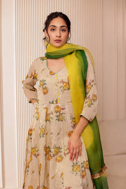 BEIGE PRINTED CHANDERI SILK ANARKALI SET