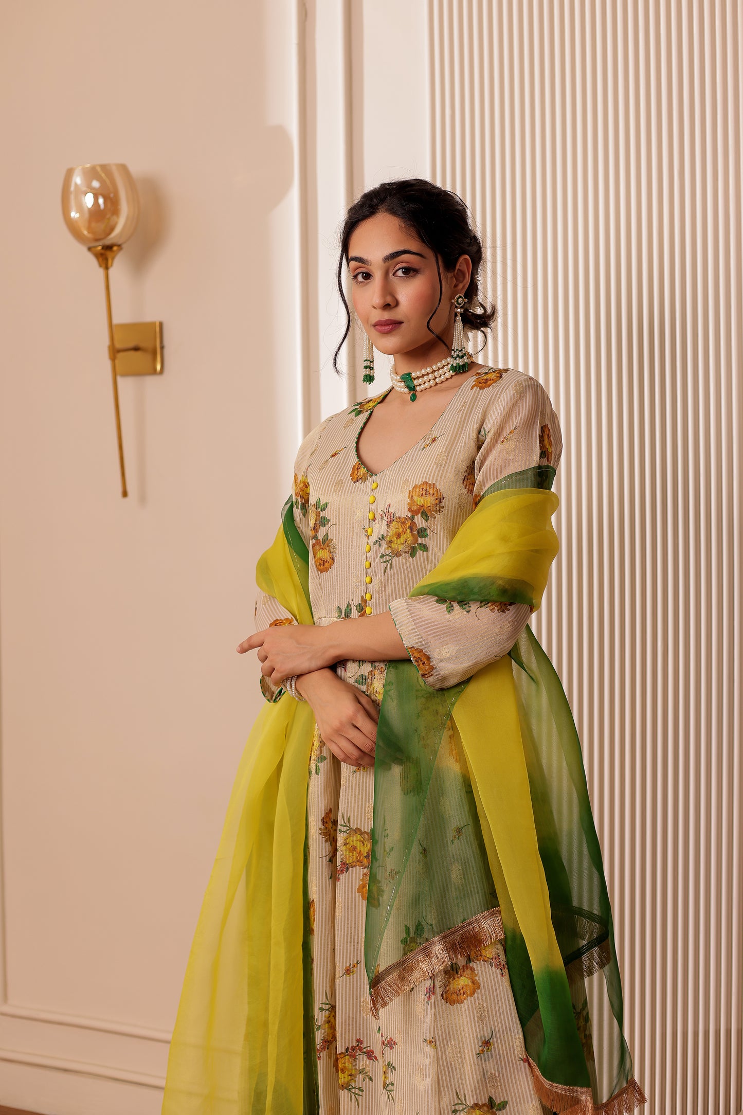 BEIGE PRINTED CHANDERI SILK ANARKALI SET