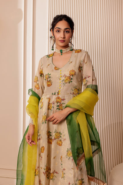 BEIGE PRINTED CHANDERI SILK ANARKALI SET
