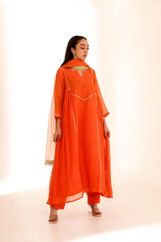 Orange Mul Chanderi Anarkali Set