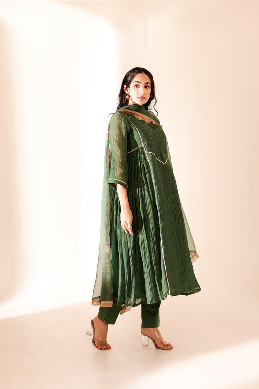 Green Mul Chanderi Anarkali Set