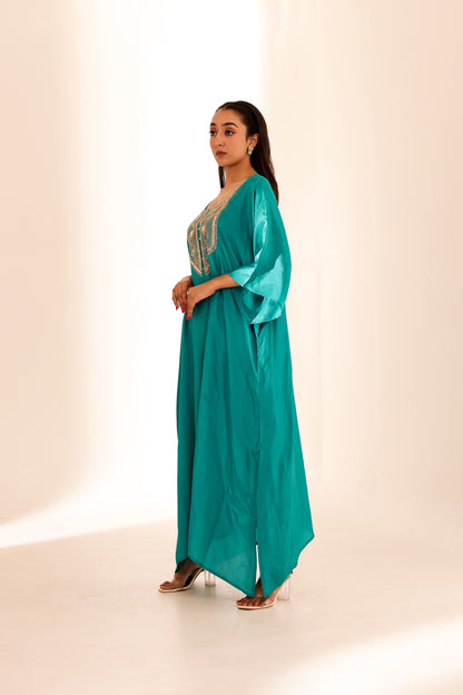 Turquoise Silk Handembroidered Kaftan Set