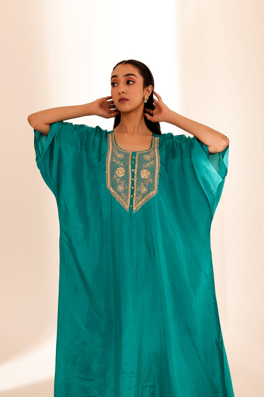 Turquoise Silk Handembroidered Kaftan Set