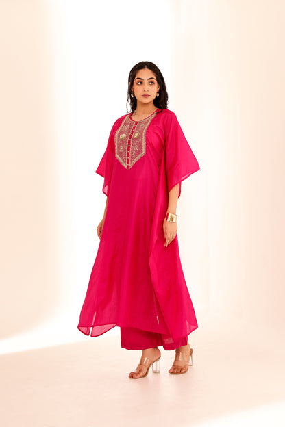 Fuchsia Silk Handembroidered Kaftan Set