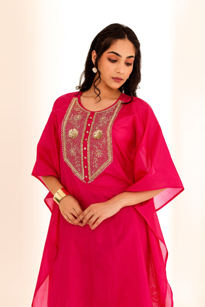 Fuchsia Silk Handembroidered Kaftan Set