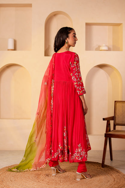 Fuchsia Chinnon Silk Handembroidered Anarkali Set