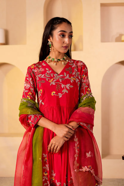 Fuchsia Chinnon Silk Handembroidered Anarkali Set